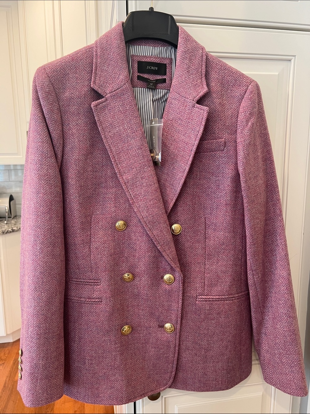 J. Crew Pink Herringbone Double-Breasted Blazer with Gold Buttons